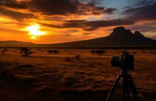 ai generato il buio orizzonte di Kenia picchi nel il mezzo di il tramonto foto