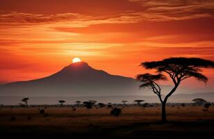 ai generato il buio orizzonte di Kenia picchi nel il mezzo di il tramonto foto