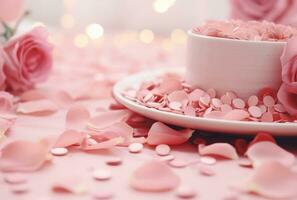 ai generato rosa, floreale, e cioccolato coperto rosa petali foto