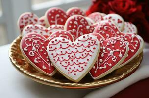 ai generato San Valentino cuore zucchero biscotti foto
