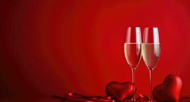 ai generato Due bicchieri di Champagne e un' cuore siamo su rosso sfondo foto