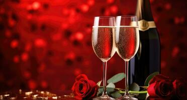 ai generato Due Champagne bicchieri e un' rosso rosa con un' San Valentino foto