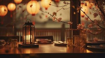 ai generato tavolo ambientazione nel un' ristorante con lanterne e candele foto