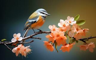 ai generato un' uccello seduta su un' ramo vicino un' fiore foto