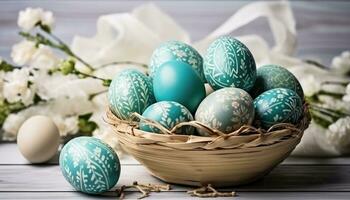 ai generato un' cestino ha colorato Pasqua uova nel esso nel un' di legno legna foto