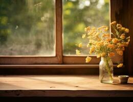 ai generato un' di legno tavolo vicino un Aperto finestra con fiori nel esso foto