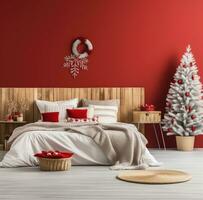 ai generato un' rosso e bianca Camera da letto è decorato con Natale decorazioni foto