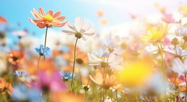 ai generato campo di fiori con sole brillare foto