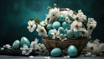 ai generato Pasqua cestino di Pasqua uova e fiori su tavolo foto