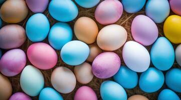 ai generato Pasqua, primavera Pasqua uova nel kraft Busta al di sopra di un' rosa sfondo foto