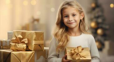 ai generato bellissimo giovane ragazza mostrando Natale regali nel casa interno foto