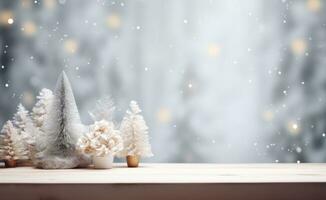 ai generato un vuoto di legno tavolo è circondato di bianca Natale alberi foto