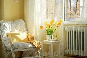 ai generato leggero primavera Camera da letto interno, letto, bianca sedia, bicchiere con giallo tulipano, finestra leggero tende, pastello colori. generativo ai. foto