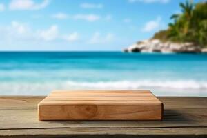 ai generato di legno tavolo con un' podio e gratuito spazio per il tuo prodotti. estate vacanza giorno e paesaggio marino. generativo ai. foto