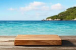 ai generato di legno tavolo con un' podio e gratuito spazio per il tuo prodotti. estate vacanza giorno e paesaggio marino. generativo ai. foto