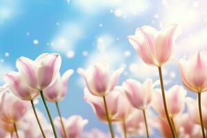 ai generato bellissimo fioritura tulipano campo su astratto blu cielo nel primavera, floreale concetto. generativo ai. foto