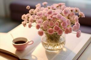 ai generato avvicinamento di piccolo rosa fiori mazzo nel bicchiere vaso con sfocato morbido focalizzata sfondo di rosa tazza di tè o caffè e ha aperto libro di il finestra. lento vivente concetto. generativo ai. foto