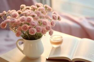 ai generato avvicinamento di piccolo rosa fiori mazzo nel bicchiere vaso con sfocato morbido focalizzata sfondo di rosa tazza di tè o caffè e ha aperto libro di il finestra. lento vivente concetto. generativo ai. foto