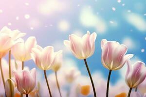 ai generato bellissimo fioritura tulipano campo su astratto blu cielo nel primavera, floreale concetto. generativo ai. foto