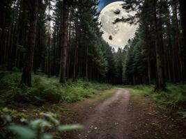 ai generato panoramico sereno foresta con strada principale per il super pieno Luna nel il cielo foto