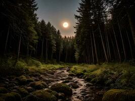 ai generato roccioso in profondità foresta torrente con luminosa pieno Luna nel il mezzanotte cielo paesaggio foto