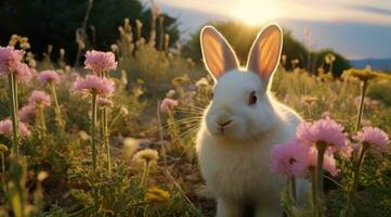 ai generato un' bianca coniglio nel il erba foto