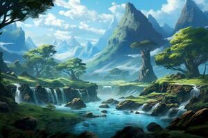 ai generato fantasia paesaggio con un' cascata, alberi e montagne nel il sfondo, fantasia paesaggio gioco arte, ai generato foto