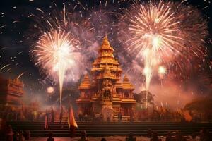 ai generato fuochi d'artificio al di sopra di Phra quello suthon mongkhon khiri tempio, Tailandia, fuochi d'artificio sopra un' indù tempio durante Diwali o deepavali, ai generato foto