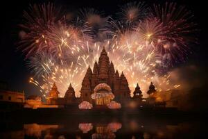 ai generato bellissimo fuochi d'artificio Schermo al di sopra di prambanan tempio, Yogyakarta, Giava, Indonesia, fuochi d'artificio sopra un' indù tempio durante Diwali o deepavali, ai generato foto