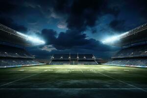 ai generato notte calcio stadio con luci e sedili. 3d rendere illustrazione, calcio campo illuminato di stadio luci, ai generato foto