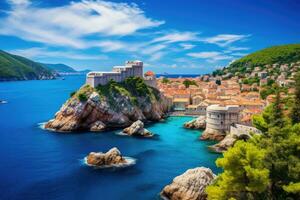 ai generato dubrovnik vecchio cittadina su il Adriatico mare nel Croazia, generale Visualizza di dubrovnik - fortezze lovrijenac e bokar visto, ai generato foto