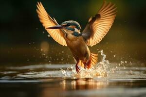 ai generato martin pescatore alcedo a questo volante al di sopra di acqua, femmina martin pescatore emergente a partire dal il acqua dopo un senza esito tuffo per catturare un' pesce, ai generato foto