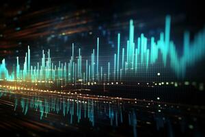 ai generato Doppio esposizione di attività commerciale grafico e paesaggio urbano a notte. finanza e commercio concetto, finanziario azione mercato grafico su un' tecnologia astratto sfondo, ai generato foto