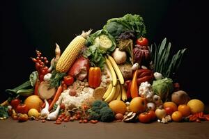 ai generato ancora vita la verdura, erbe aromatiche e frutta come ingredienti nel cucinando, cibo andando per sciupare, ai generato foto