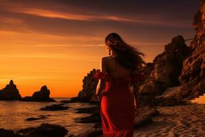 ai generato incinta donna nel rosso vestito in piedi su il spiaggia a tramonto, epico rosso tramonto nel cala llentrisca con un' modello, ibiza, ai generato foto