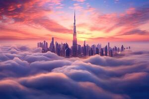 ai generato nebbioso paesaggio urbano con grattacieli e nuvole a tramonto, dubai tramonto Visualizza di centro coperto con nuvole, ai generato foto