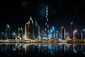 ai generato dubai orizzonte a notte con riflessione su il acqua, unito arabo emirati, dubai panoramico notte Visualizza, ai generato foto
