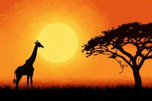 ai generato silhouette di giraffe nel savana a tramonto, vettore illustrazione, giraffa silhouette - africano natura sfondo - bellezza nel colore e libertà, ai generato foto