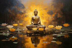ai generato Budda statua con loto fiore e fuoco su acqua sfondo, d'oro Budda nel un' d'oro loto fiore, ai generato foto