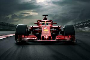 ai generato ferrari f1 gara auto su traccia. 3d rendering, ferrari f1 su il traccia, sport auto da corsa formula uno su il gara traccia, ai generato foto