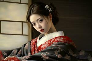 ai generato 3d illustrazione di un' giapponese geisha nel un' tradizionale vestire, ai generato foto