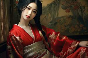 ai generato ritratto di un' bellissimo geisha nel un' rosso kimono, ai generato foto