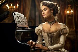 ai generato bellissimo giovane donna nel medievale era vestito seduta a il pianoforte, ai generato foto