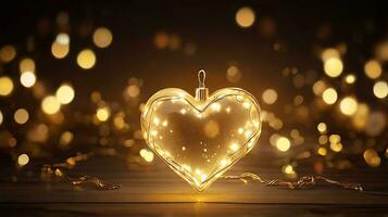 ai generato d'oro Natale luci con cuore linea nero sfondo, nuovo anno e San Valentino concetto. oro astratto cuore forma sfondo per San Valentino e Natale. foto