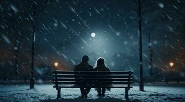 ai generato coppia Guardando neve neve caduta su il parco panchina con neve caduta come è ottenere buio foto