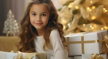 ai generato famiglia ritratto di un' ragazza con Natale regali vicino Natale albero foto