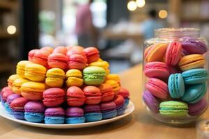 ai generato colorato amaretti nel bicchiere vaso su tavolo nel caffè negozio, un' scoppiando arcobaleno di macarons nel un' parigino bar, ai generato foto