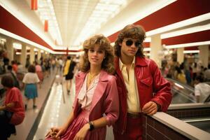 ai generato ritratto di un' bellissimo giovane coppia nel il shopping centro commerciale. superficiale profondità di campo, un' 1980 centro commerciale scena con appropriato al periodo abiti, ai generato foto