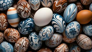 ai generato molti colorato decorato uova posa su un' mucchio di Marrone Marrone foto