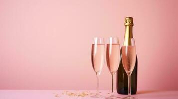 ai generato Due bicchieri per bottiglia di Champagne, con coriandoli su un' rosa sfondo foto